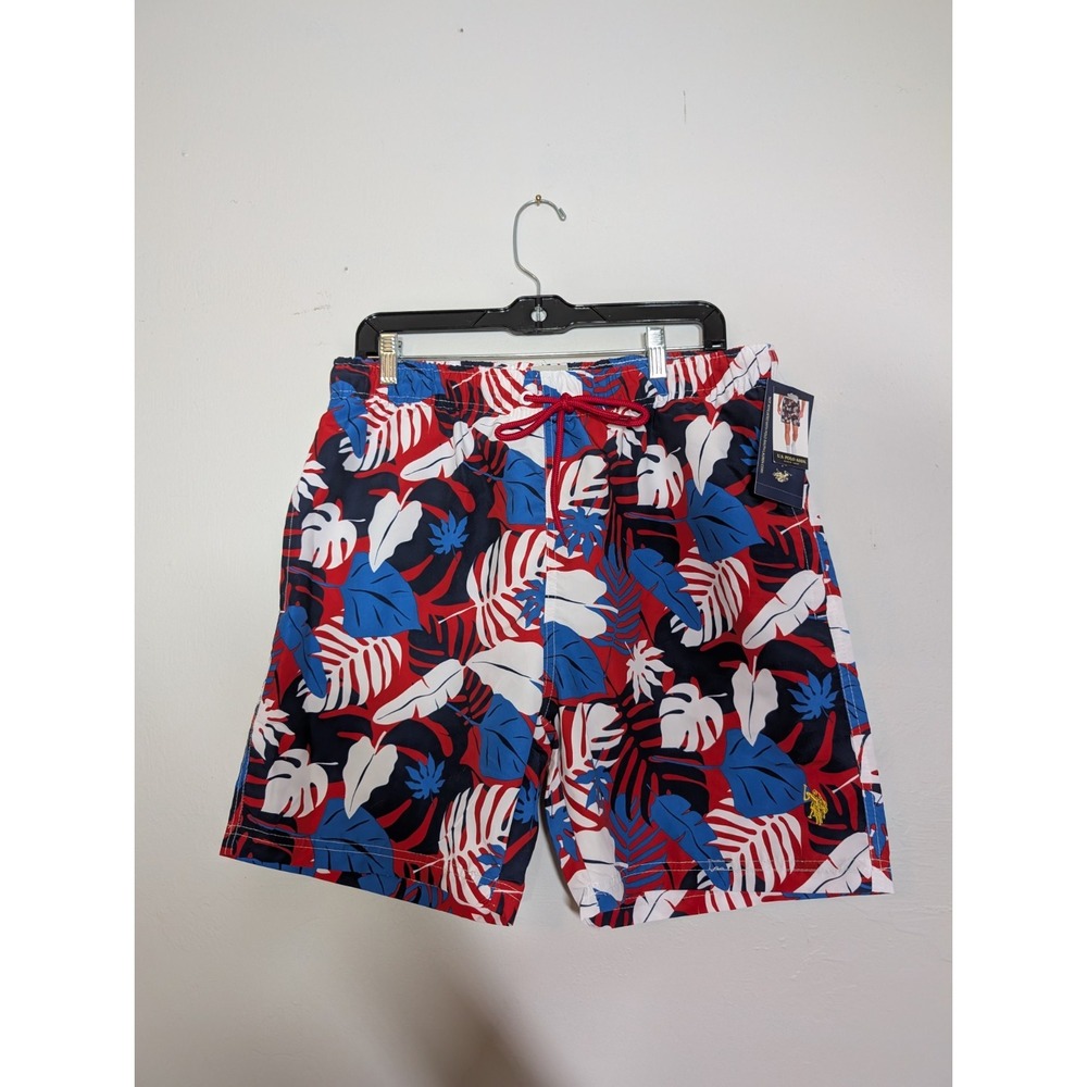 US Polo Assn. Mens Swim Trunks Red White Blue Size L Elastic Waist w/Tie New